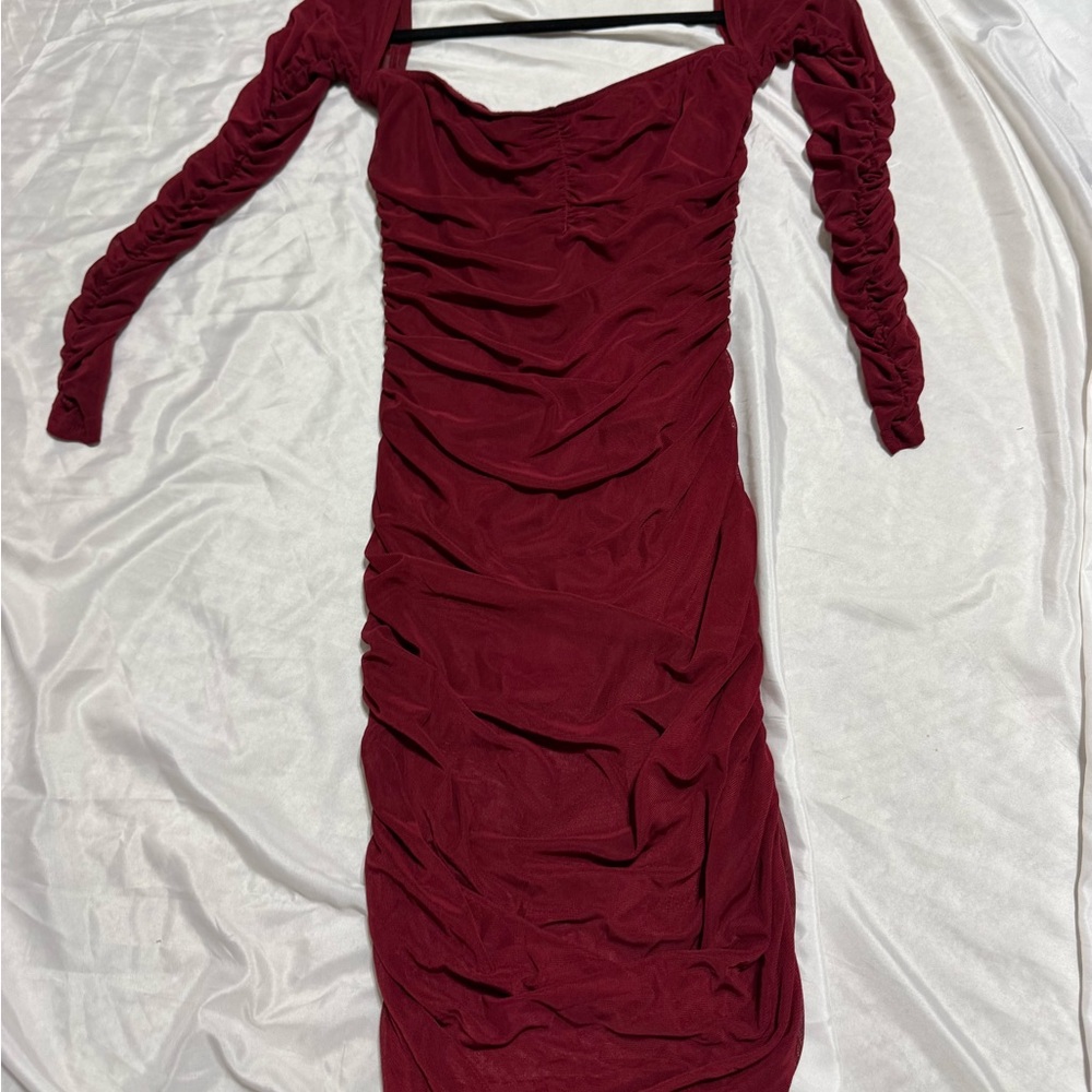 Red Ruched Sheer Mesh Bodycon Dress with Bodysuit Lining – NWOT